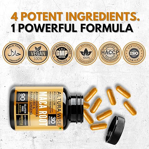 Miniatura 6 de Cápsulas de raíz de maca con ashwagandha, cúrcuma y ginseng, 90 raíces de maca de alta resistencia de 1500 mg + cúrcuma de Ashwagandha, panax