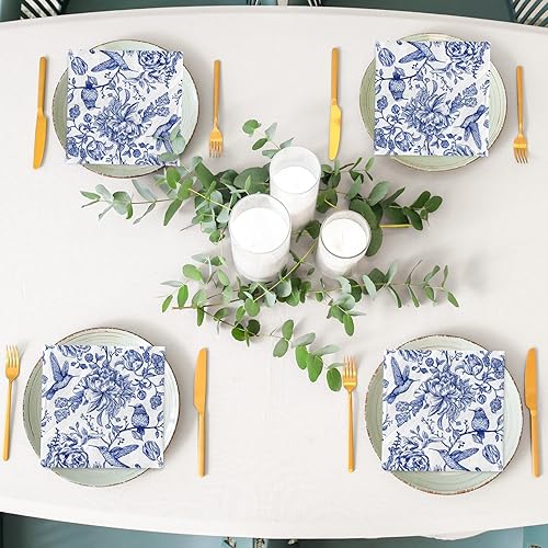 Miniatura 7 de AnyDesign 80 servilletas de papel florales azules, servilletas de almuerzo de pájaros con flores azules y blancas, servilletas de mano para boda,