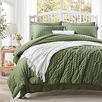 ZZLPP Olive Green Seersucker Queen Comforter Set 7-Piece - All-Season Bed in a Bag with Sheets, Soft Breathable Microfiber Bedding