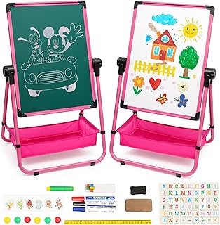 لوح رسم مزدوج الجوانب للأطفال، لوح رسم مغناطيسي قابل للطي بارتفاع قابل للتعديل، طاولة أطفال دوارة 2-12 درجة من كيدز وندر كيدز مقاس 12 عام، قابل للدوران 360 درجة (زهري)