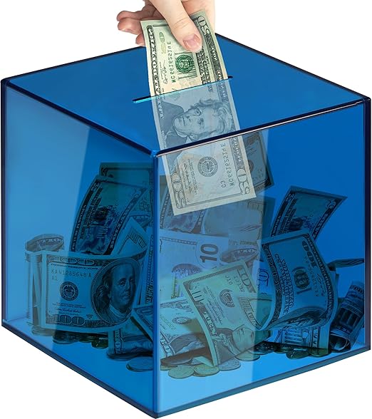 Piggy Bank for Adults Must Break to Open, Vcertcpl Acrylic Clear Piggy Bank Money Saving Box for Cash Saving, Unopenable Adults Piggy Bank for Real Money Bank Coin Bank Change Jar, 12*12CM, Blue Cube