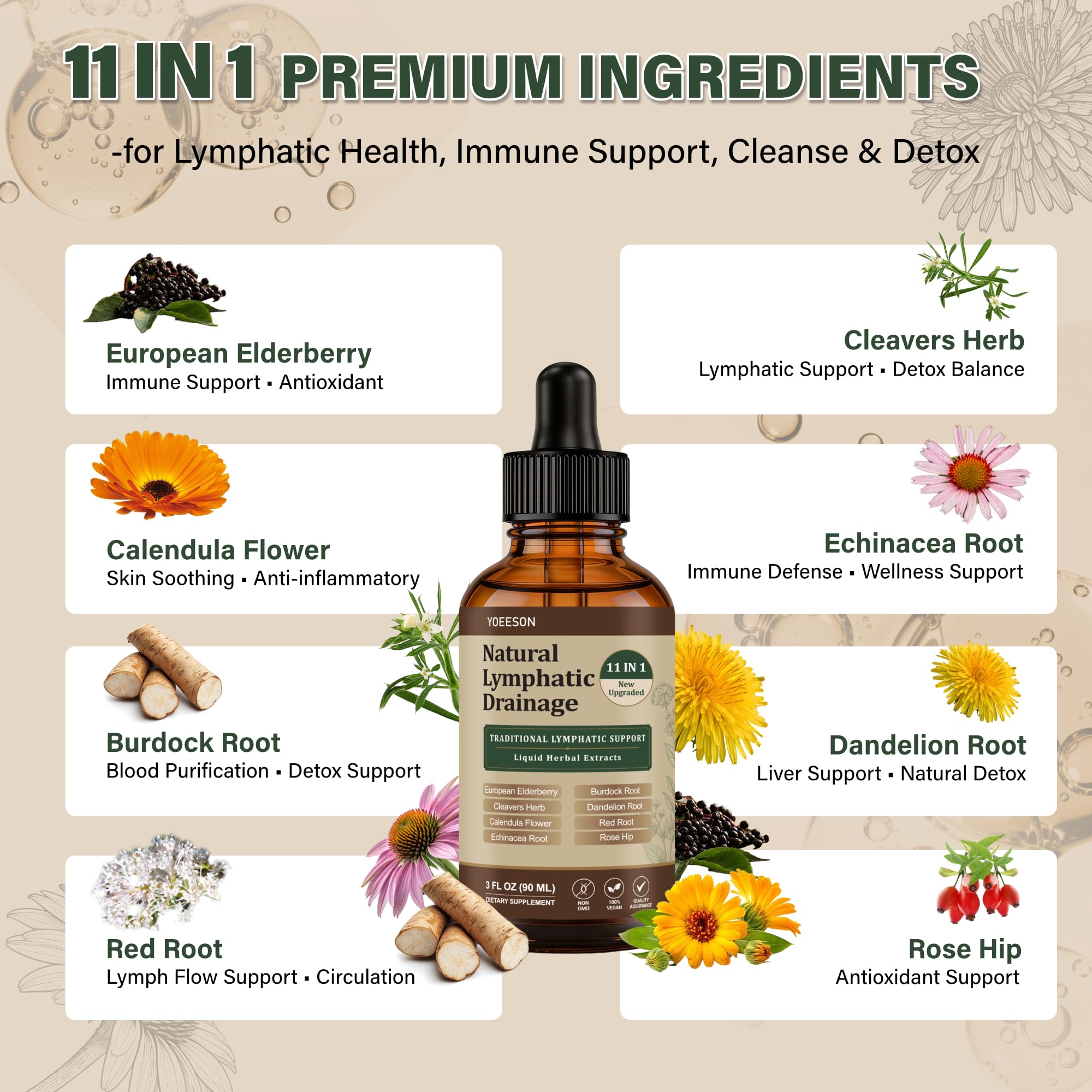 90 Day Supply - Natural Lymphatic Drainage Drops, Alcohol-Free Vegan 11-in-1 Herbal Supplement with Cleavers, Elderberry, Echinacea & Burdock, Supports Lymphatic Wellness, Bloat & De-Puff Support — Amazon image 4