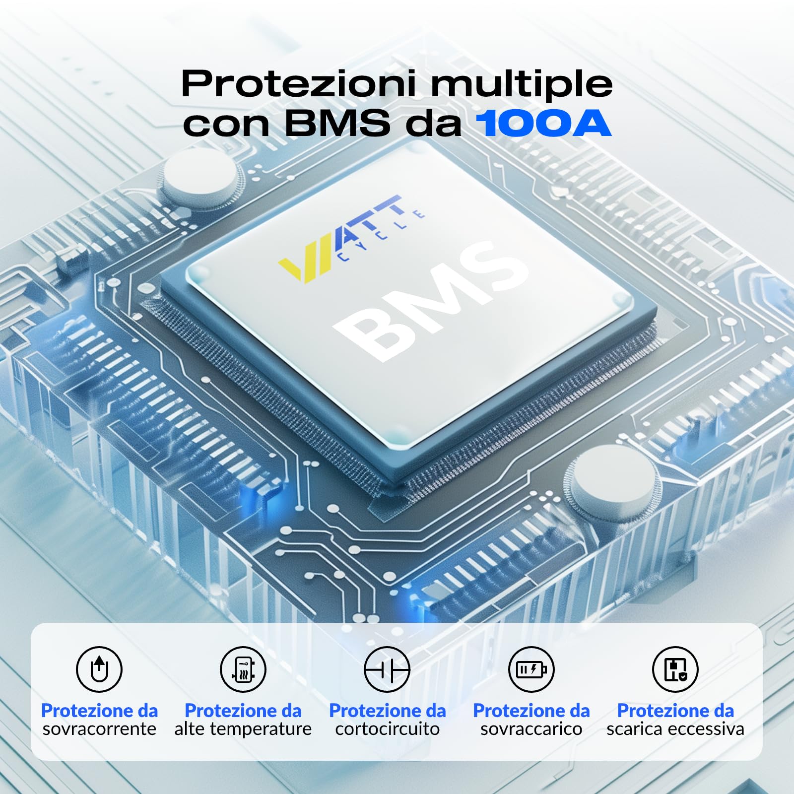 Wattcycle Batteria litio 12V 100Ah LiFePO4, BMS 100A e Protezione Bassa Temperatura, Potenza 1280W, 8000-15000 Cicli, per Camper, Sistema Solare, Off-grid