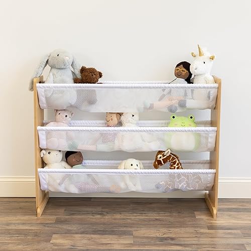 Humble Crew Journey - Organizador de animales de peluche de 3 niveles, estante de almacenamiento de juguetes con marco de madera natural, exhibición
