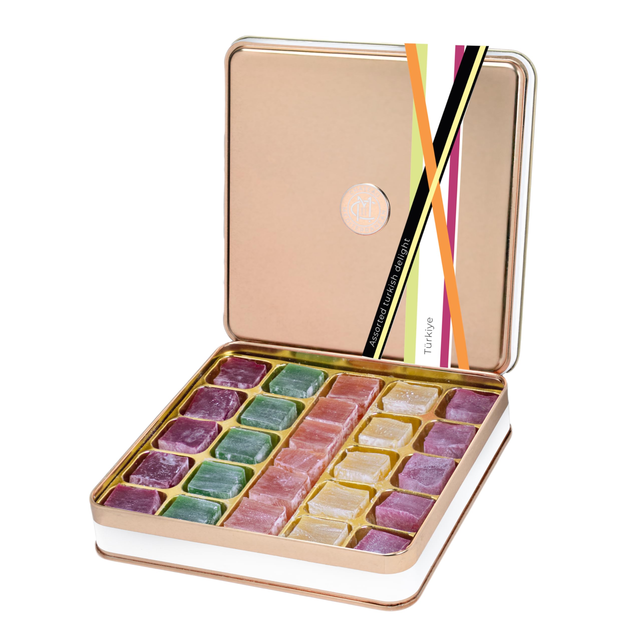 Chateau De Mediterranean Assorted Turkish Delight - 500 g | Rose, Mint, Orange, Lemon & Pomegranate Flavour | Traditional Lokum Dessert | Gourmet Gift Tin | Handmade in Turkey | Approx 26 pieces