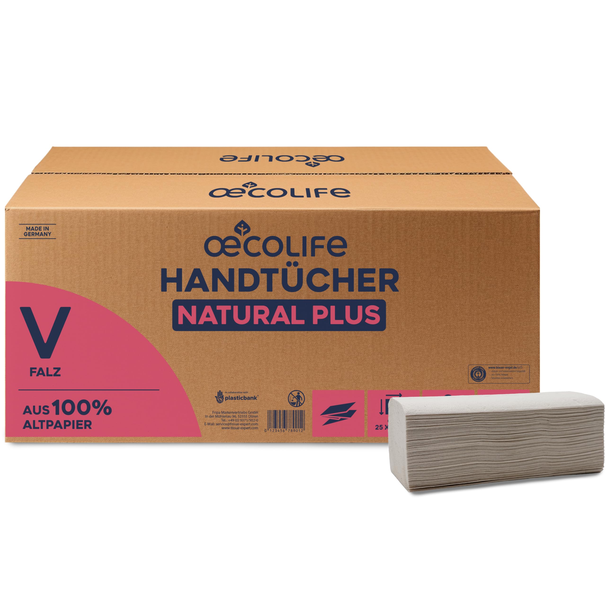 œcolife Papierhandtücher Natural Plus, 3000 Blatt, 2-lagig, 25x23cm, V-Falz, 100% Altpapier, graues Papier, saugstarke Handtücher, für Spender geeignet, Recycling