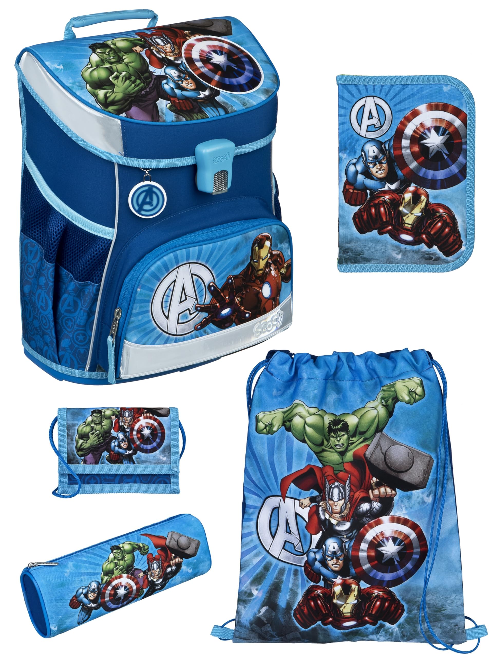 Familando - Scooli Campus Fit Schulranzen Set - 5-teilig mit Federmappe - Marvel Avengers Hell-Blau - Ergonomisch, stabil & 980g leicht - 18L Volumen - Brustgurt & Reflektoren - ab 1. Klasse