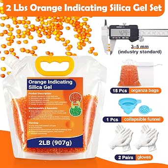 Orange Silica Desiccant Beads, 2 LBS Indicating Silica Gel Desiccant Beads with Bags Gloves, 3-5 mm Reusable Desiccant Silica Beads Bulk for 3D Printer Electronics Camera Jewelry Clothes Artworks