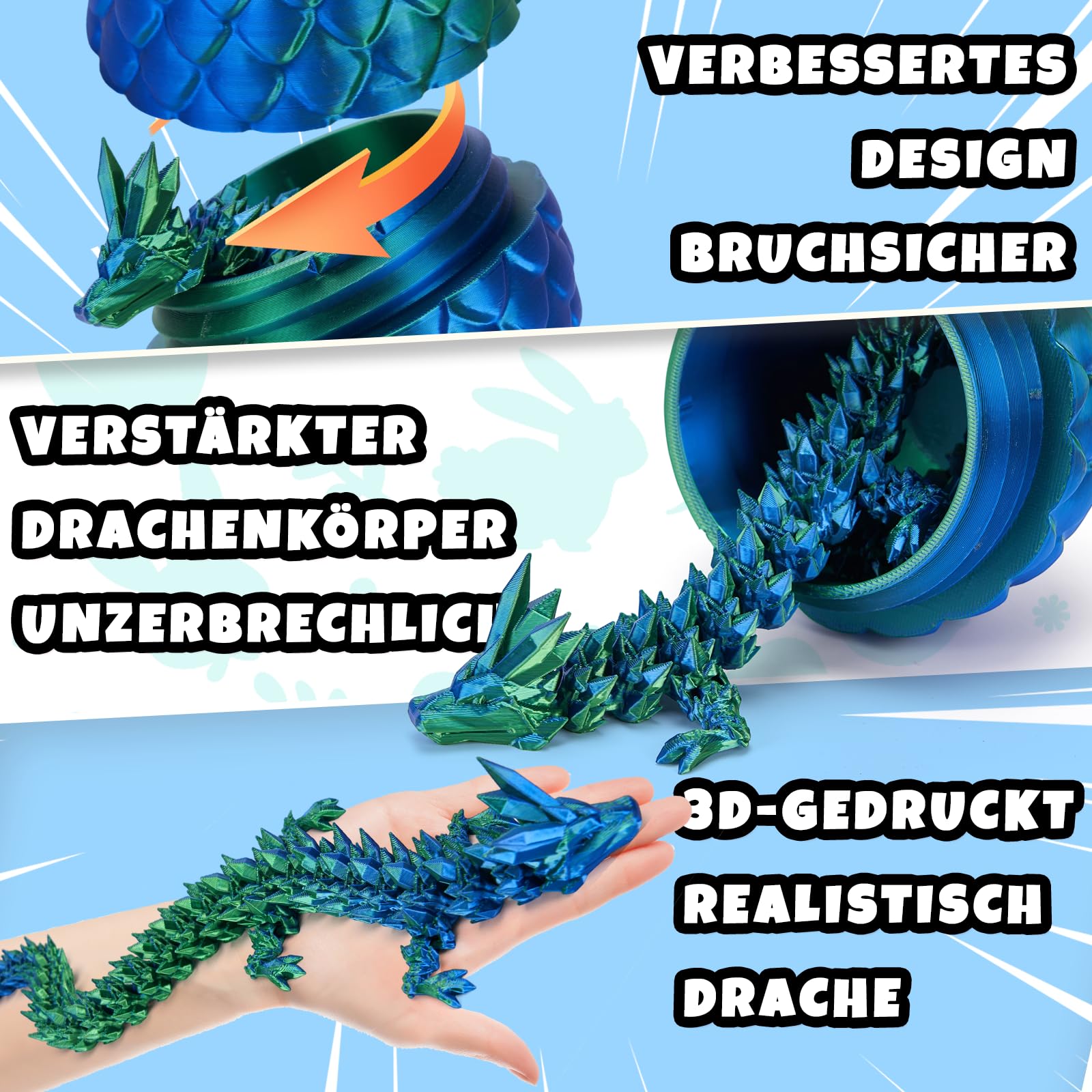 YILCER 3D Gedruckter Drache 28,5cm, Drachenei mit Upgrade bruchsicher, Verstärkte Dragon-Gelenke, Sicheres und Umweltfreundliches Material, Ostern Geschenke Kinder (Lasergrün) - 4