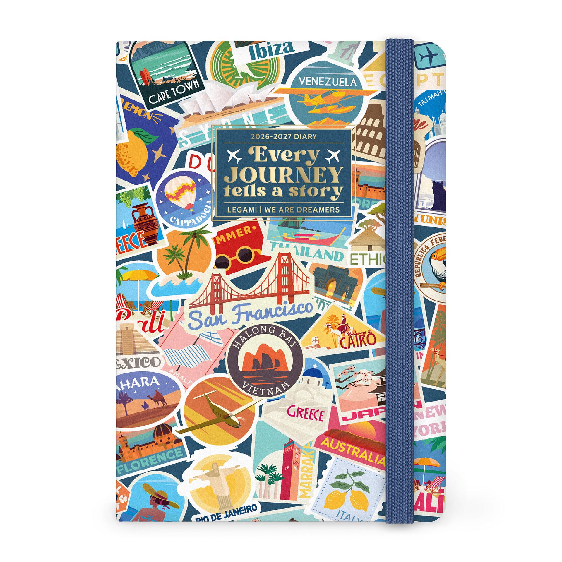 Legami Weekly Planner with Notebook 2026-2027, Travel Stickers, 16 Months, Medium, Diary from September 2026 to December 2027, Closure with Elastic Band, FSC Certified Paper, 12 x 18 cm