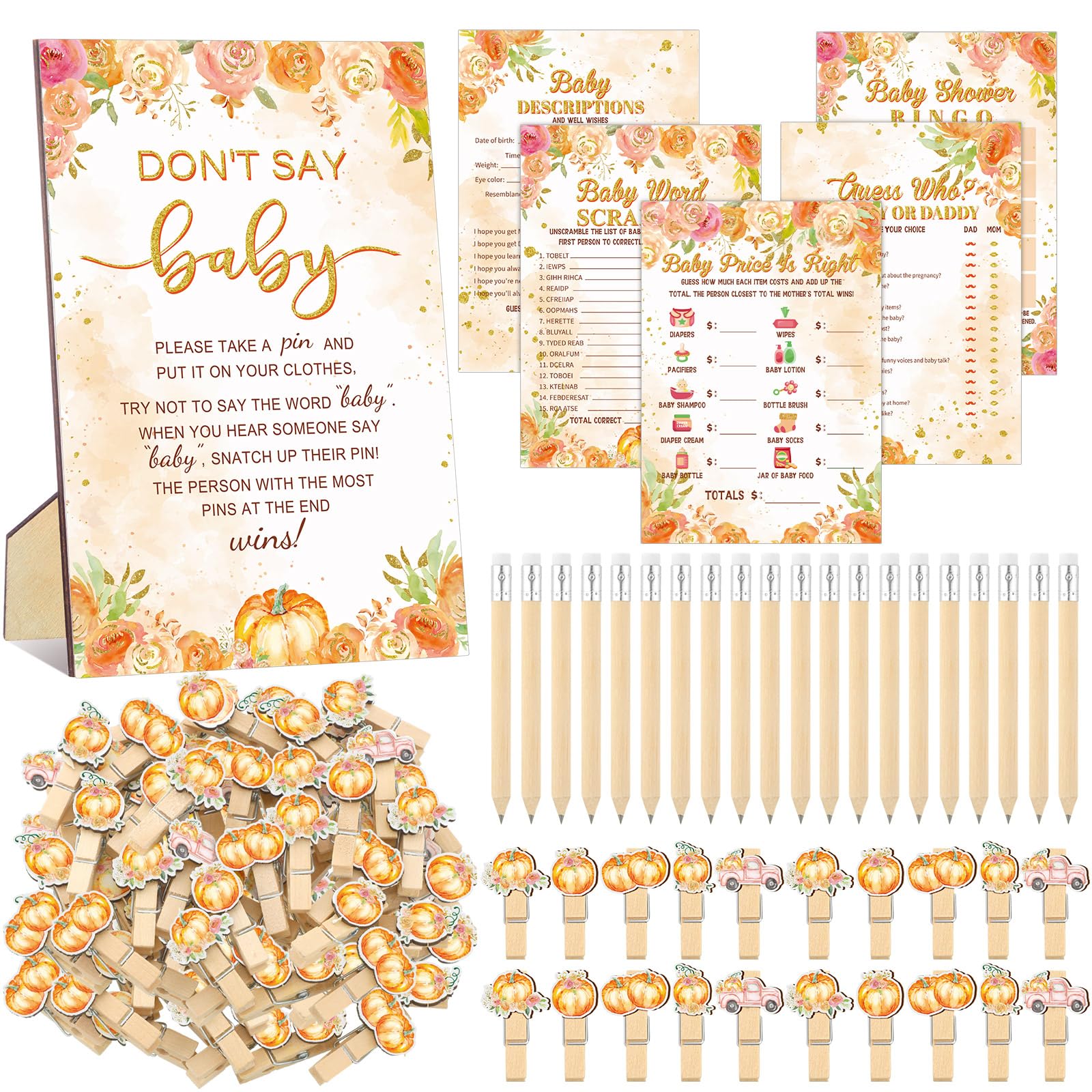 Patelai 321 Pcs Baby Shower Games Supplies, Watercolor Pumpkin