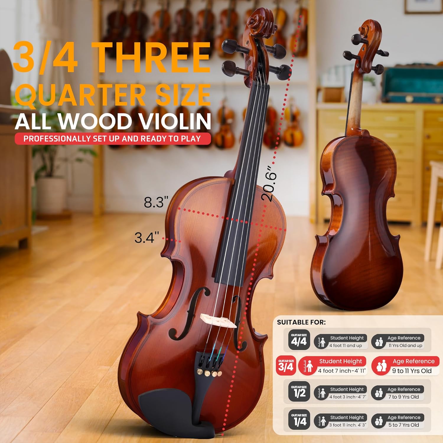 Pyle 3/4 Size Beginner Violin Starter Kit, Violin Starter Package with Travel Case & Bow, Extra Strings, Digital Tuner, Shoulder Rest & Cleaning Cloth for Students, Kids, Adults c) 3/4 Size