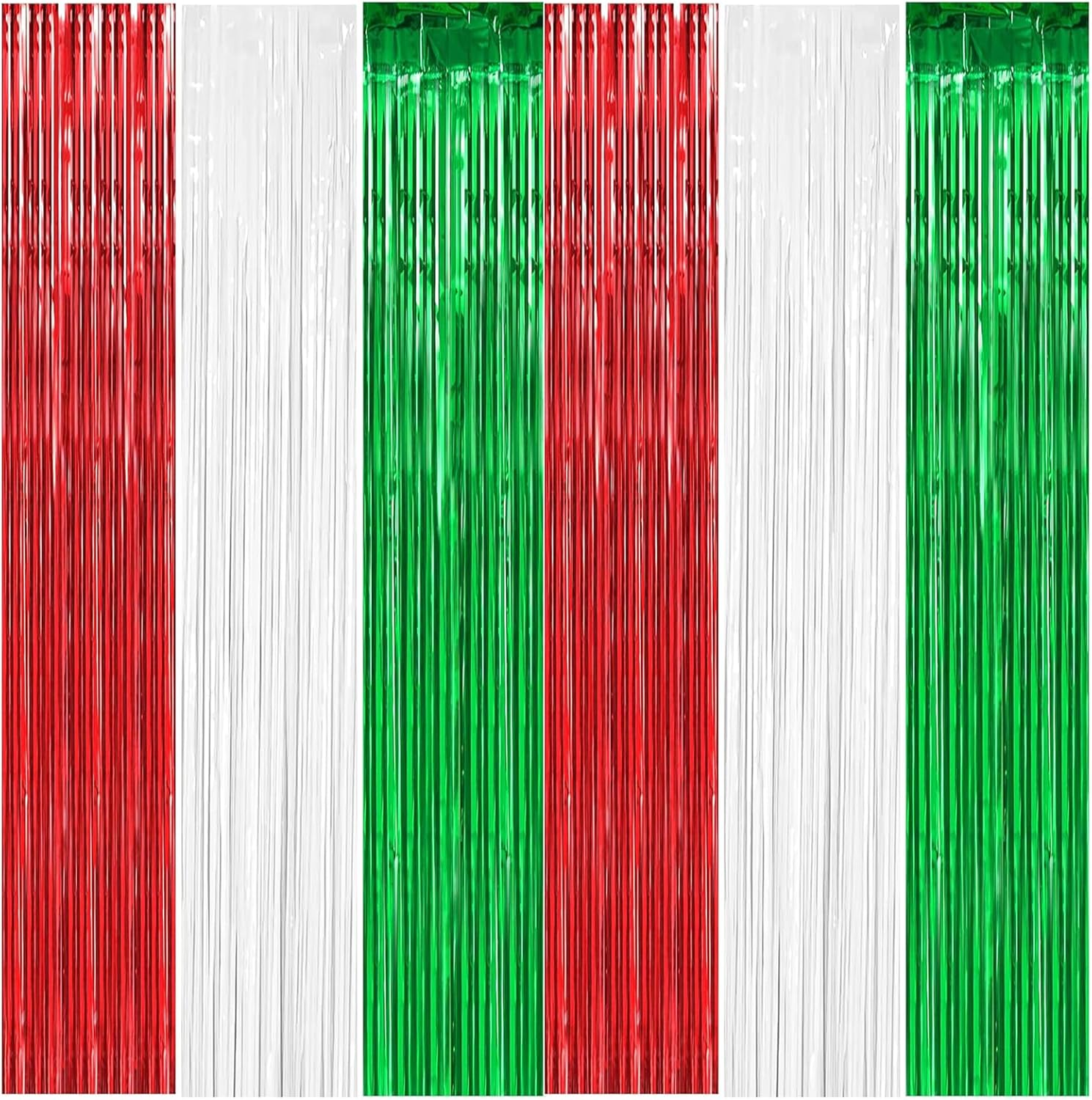 BTSD-home Bundle of 4 Pack 8ft x 3ft Red Foil Fringe Curtain and 4 Pack 8ft x 3ft White Foil Fringe Curtain and 4 Pack 8ft x 3ft Green Foil Fringe Curtain