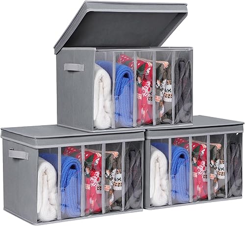 Zilink Almacenamiento mejorado de suéteres para armario con tapas y tablas de soporte, organizador grande de suéteres para armario con divisor de 5