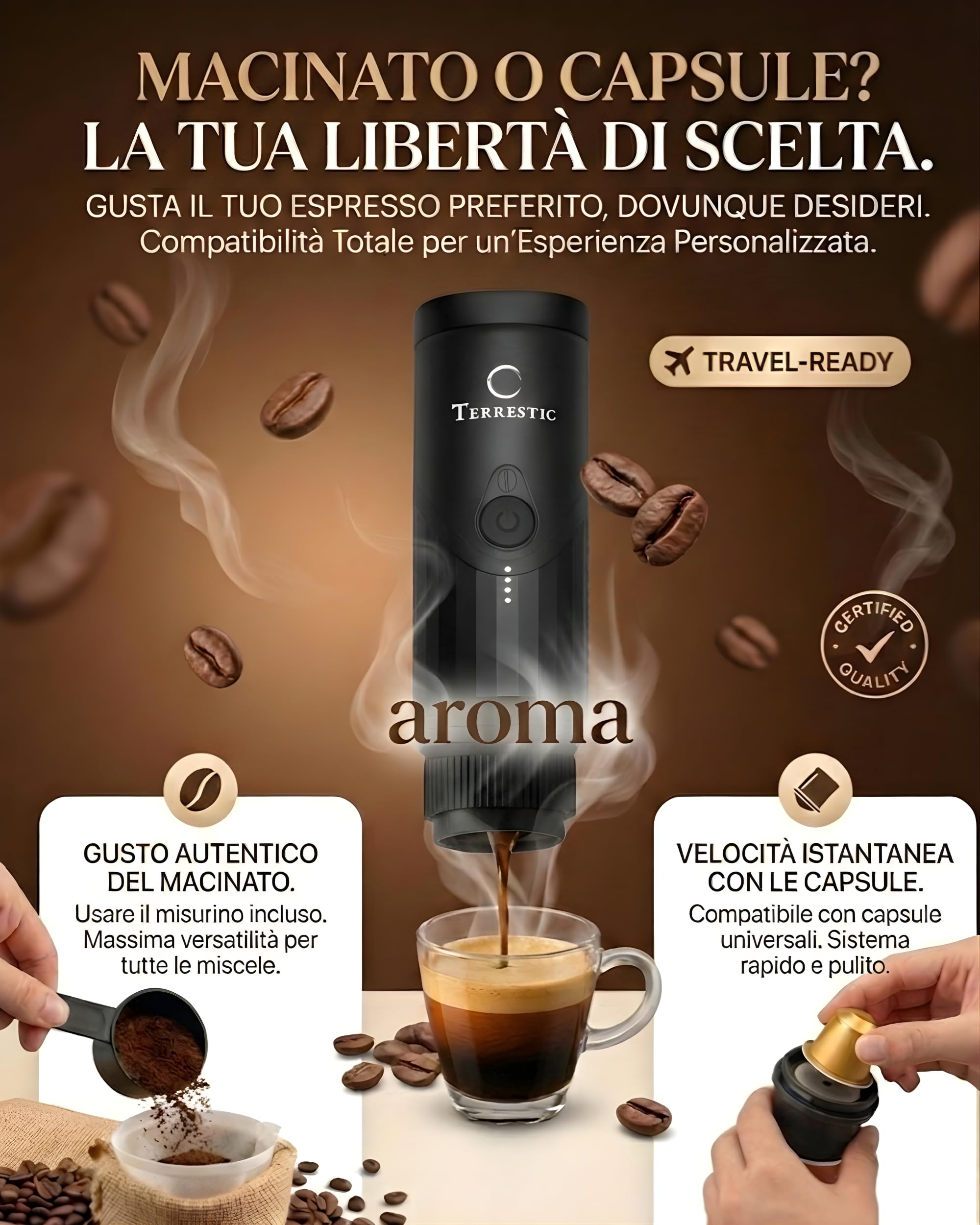 Macchina Caffe Portatile 80 Ml, Caffettiera Portatile, Macchinetta Caffè da Viaggio Ricaricabile USB, Compatibile con Polvere e Capsule Nespresso con Custodia Rigida