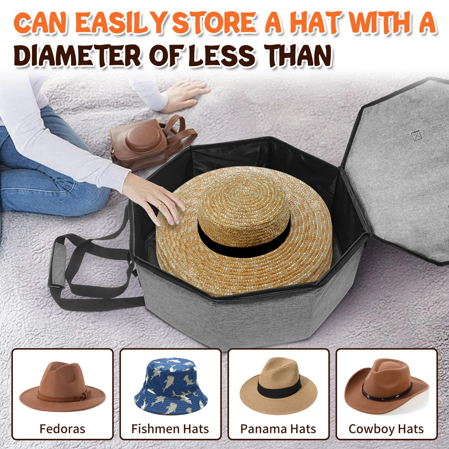 Boczif Boîte de Rangement pour Chapeaux pour Homme et Femme, Sac de Rangement Pliable pour Chapeaux de Cowboy avec poignée, Grand Sac de Transport pour Chapeaux (Gris)