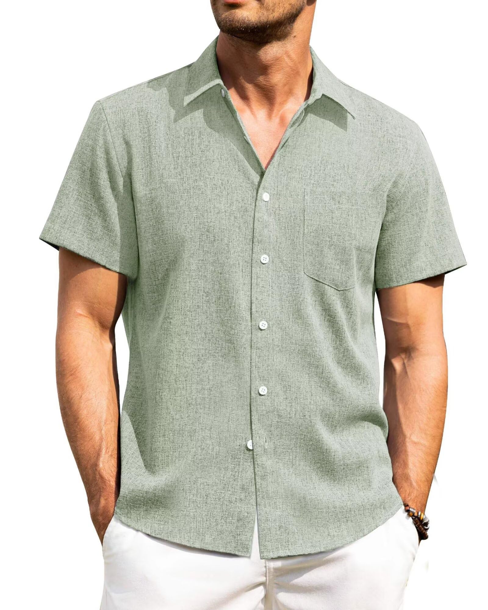 PrimeCrest Leinenhemd Herren Kurzarm Freizeithemd Sommer Button Down mit Brusttasche