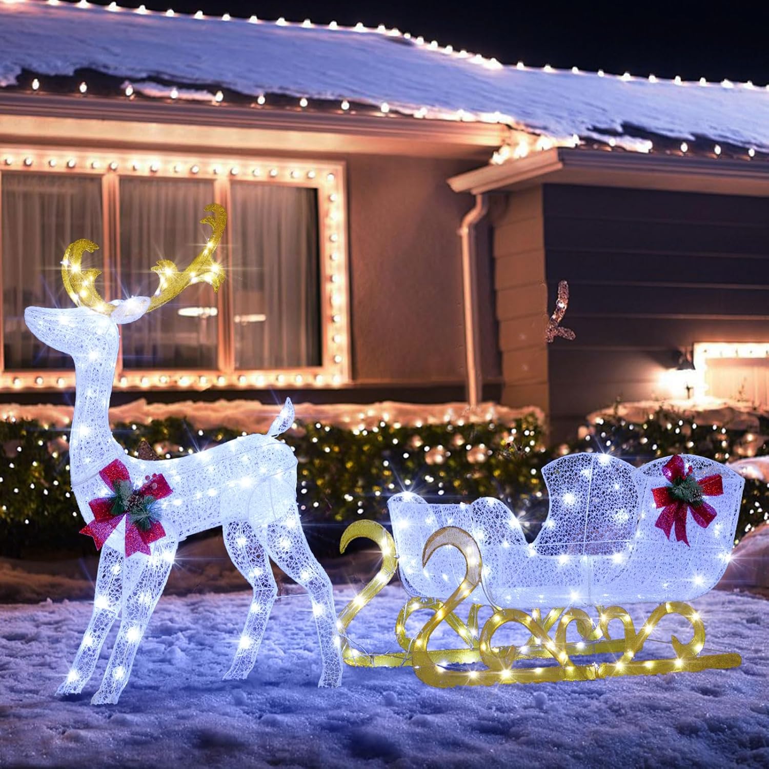 Tangkula 6 FT Christmas Lighted Reindeer & Santas Sleigh, Xmas Lighted Outdoor Yard Decoration with 215 LED Lights & 4 Ground Stakes, Artificial Christmas Decor for Indoor & Outdoor (Cold White)