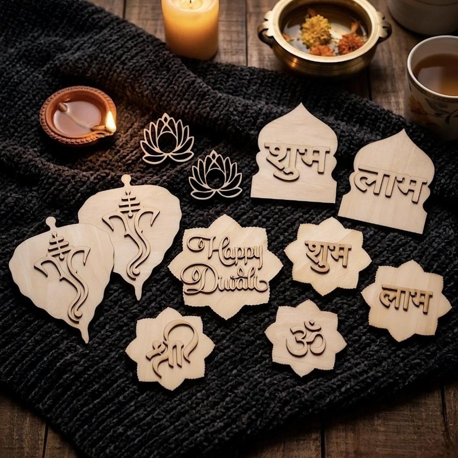 pack of 9 happy diwali unfinished wooden cutouts diy craft shapes, decoration kit for rangoli, sand art, pooja mandir decor, wall hanging, home decoration - 4x4 inch