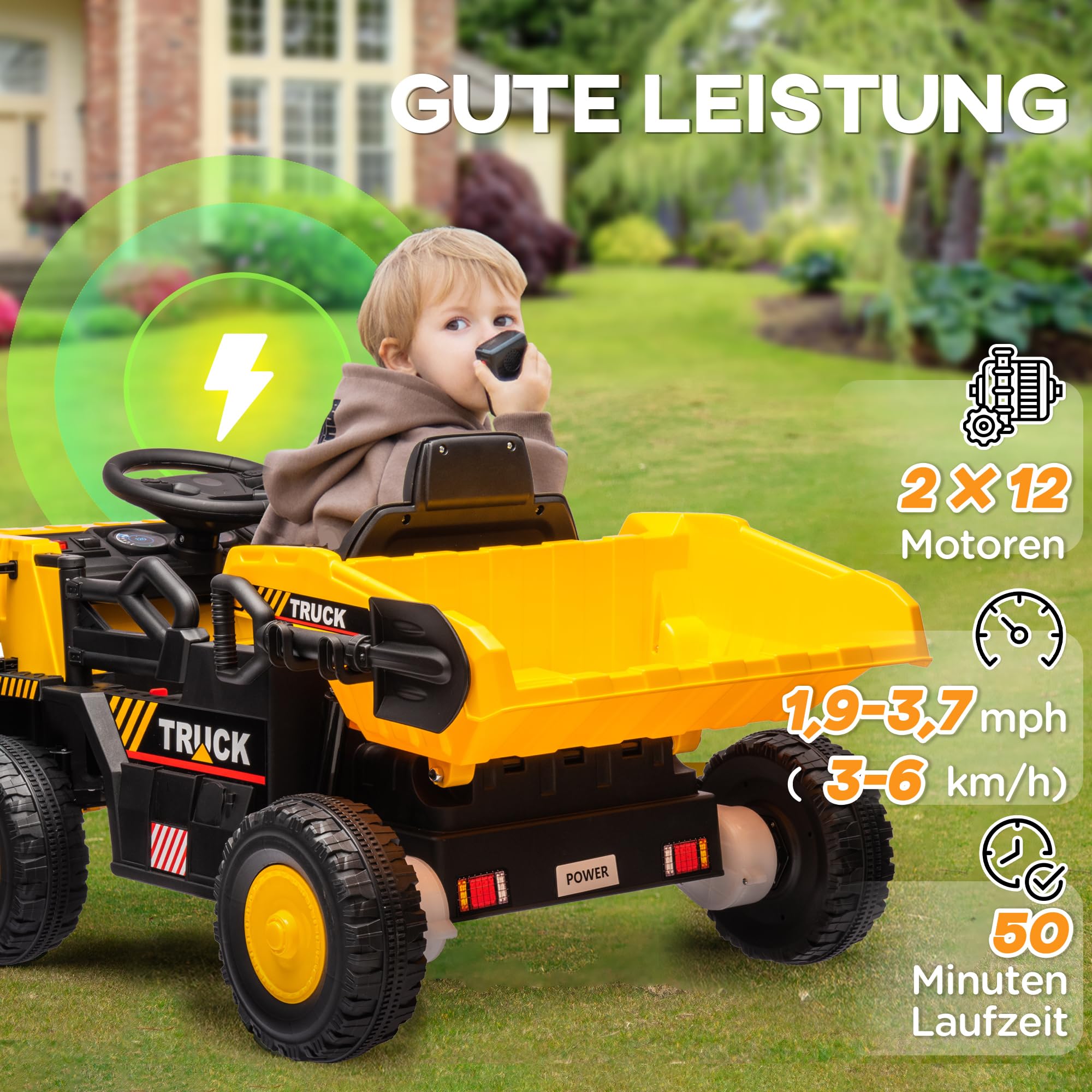 AIYAPLAY Elektrischer Traktor mit Schaufel, 12 V, für 3-5 Jahre, Gelb | Kinder Aufsitztraktor, Selbstfahrend, Kinder Elektroauto mit MP3 Funktion, Kinderfahrzeug mit Scheinwerfer, 3-6 km/h