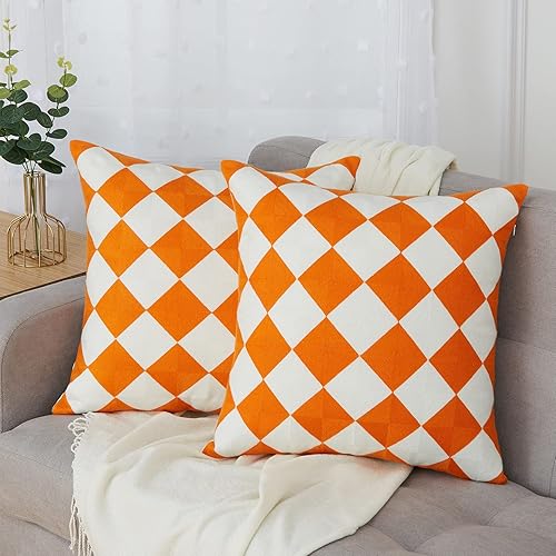 GlowSol Funda de almohada a cuadros para sofá, dormitorio, funda de almohada bordada, moderna geométrica, funda de almohada de 20 x 20 pulgadas,