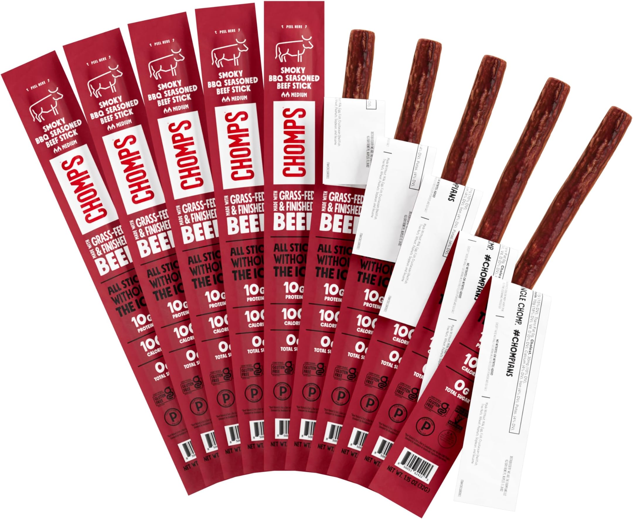 - Chomps Grass-Fed and Finished Smoky BBQ Beef Jerky Snack Sticks 10-Pack - Keto, Paleo, Whole30, 10g Lean Meat Protein, Gluten-Free, Zero Sugar Food, Non-GMO