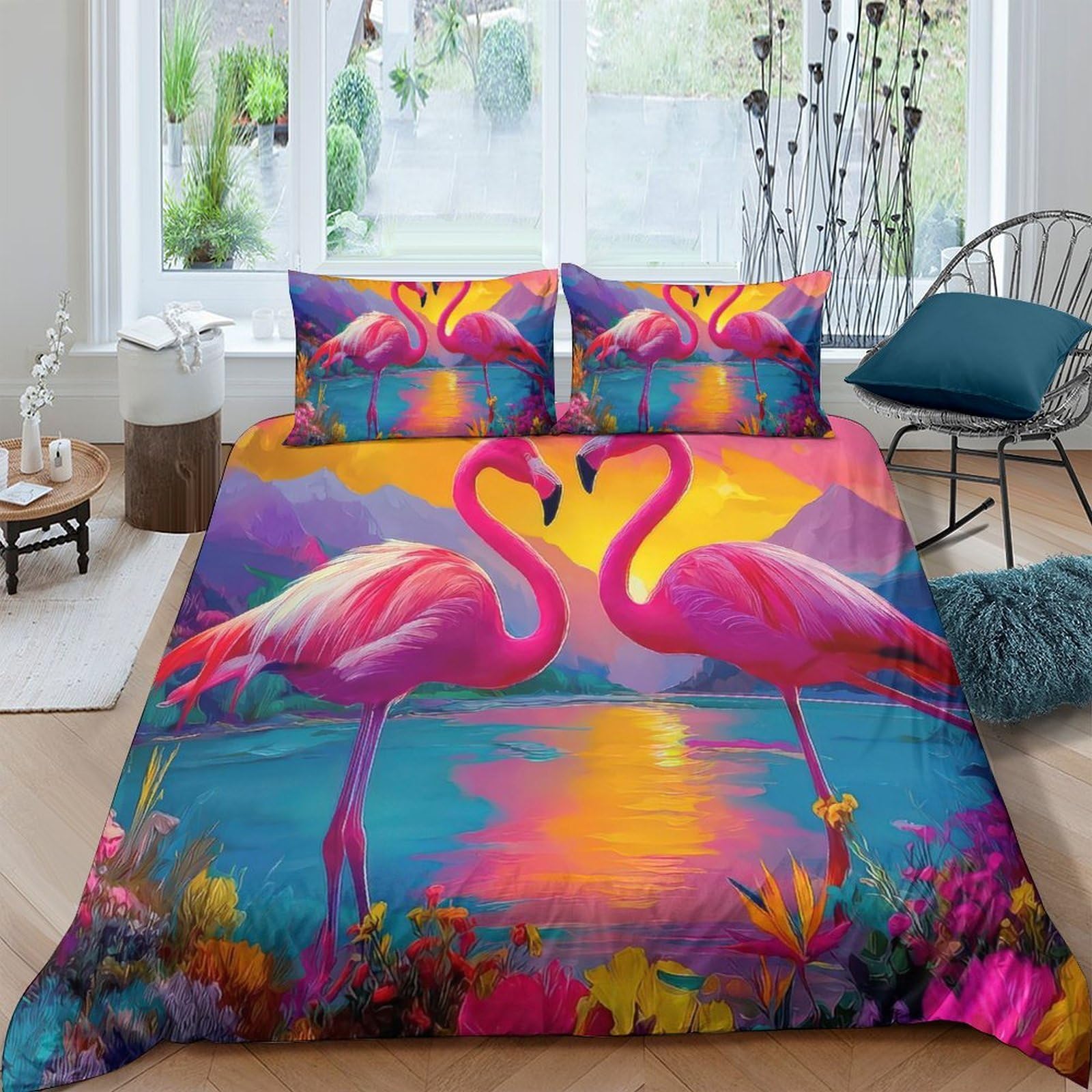 Ctjqhvkz Style-10 3D Printed Sunset Flamingo Fitted Sheet Microfiber Colorful Tropical Bed Cover For Bedroom Guest Room Decor Single（135X200cm）