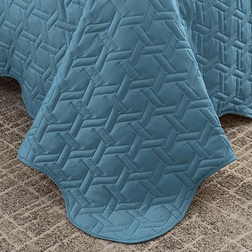 Miniatura 5 de Juego de edredón tamaño King de 3 piezas, colcha de verano suave y ligera, colcha reversible de microfibra para todas las estaciones, azul spa,