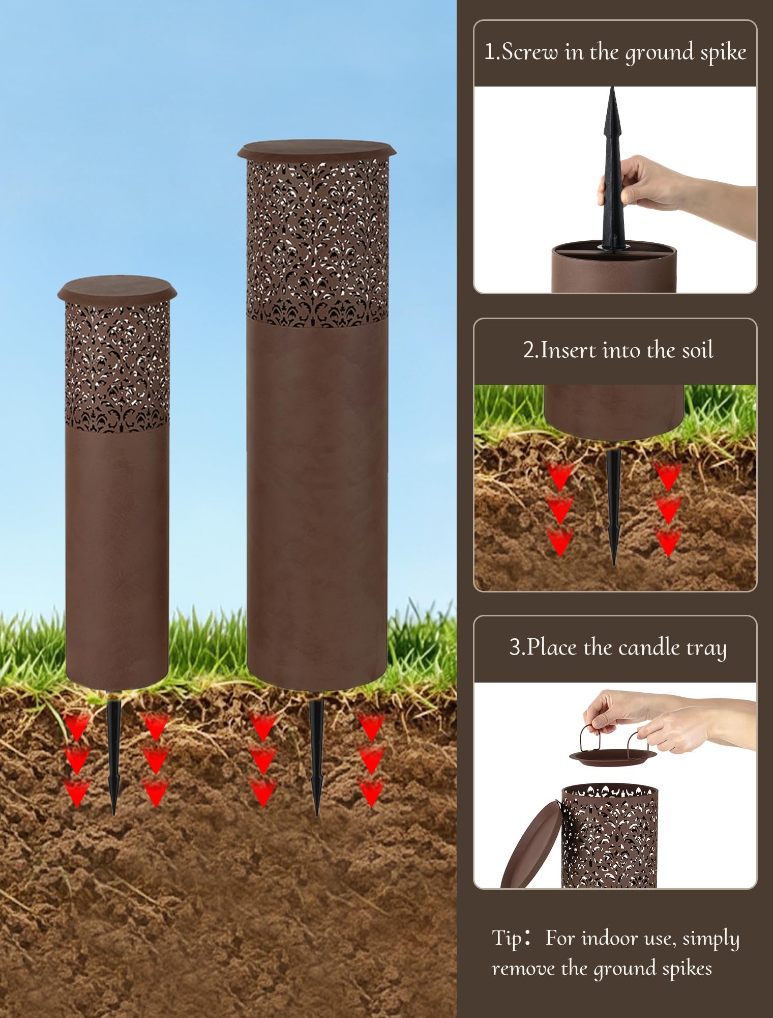 Bougeoir Grande Extérieur pour Jardin: 80/60,5 cm Lampadaires Colonne Rouillé avec 21cm Piquet pour Decoration Terrasse Entrée Salon - 2 Pcs Lanternes en Métal pour Bougies Piliers