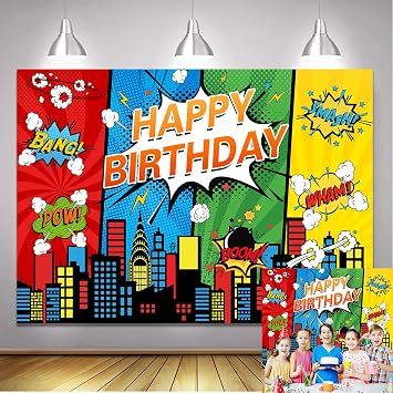 5X3FT Cartoon Superhero Theme Background Super City Comic Skyline Happy Birthday Party Decorations for Childrens Boys Birthday Cityscape Super Heros Photography Backdrop