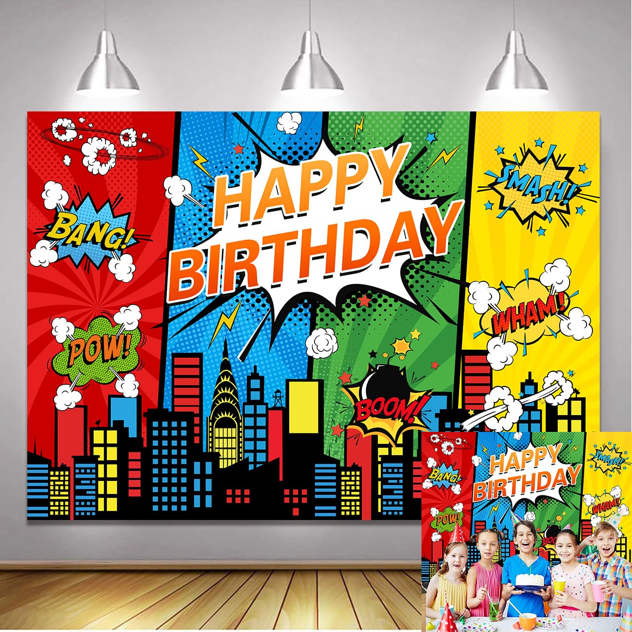 5X3FT Cartoon Superhero Theme Background Super City Comic Skyline Happy Birthday Party Decorations for Childrens Boys Birthday Cityscape Super Heros