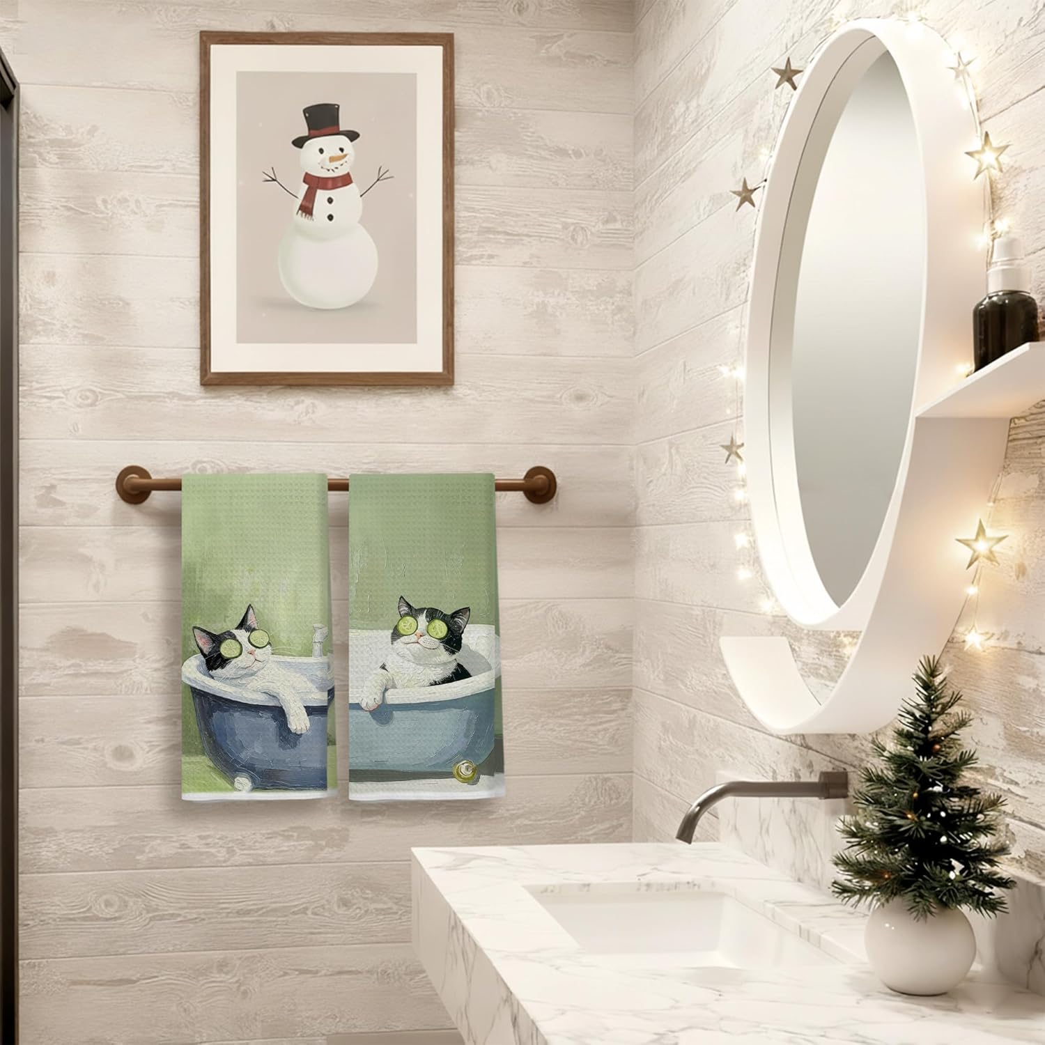 Sage Green Tuxedo Cat Bathroom Hand Towels, Cat Bathroom Decor, Black and White Kitty Kitten Hand Towels for Washroom Restroom, 16x24 Inches Set of 2 - Image 6