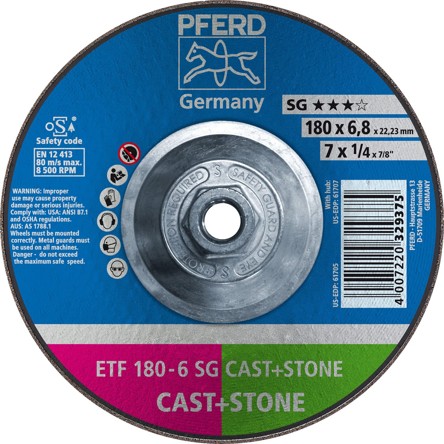 PFERD 7'' X 1/4'' Grinding Wheel 5/8-11 (61707) (10/Each)