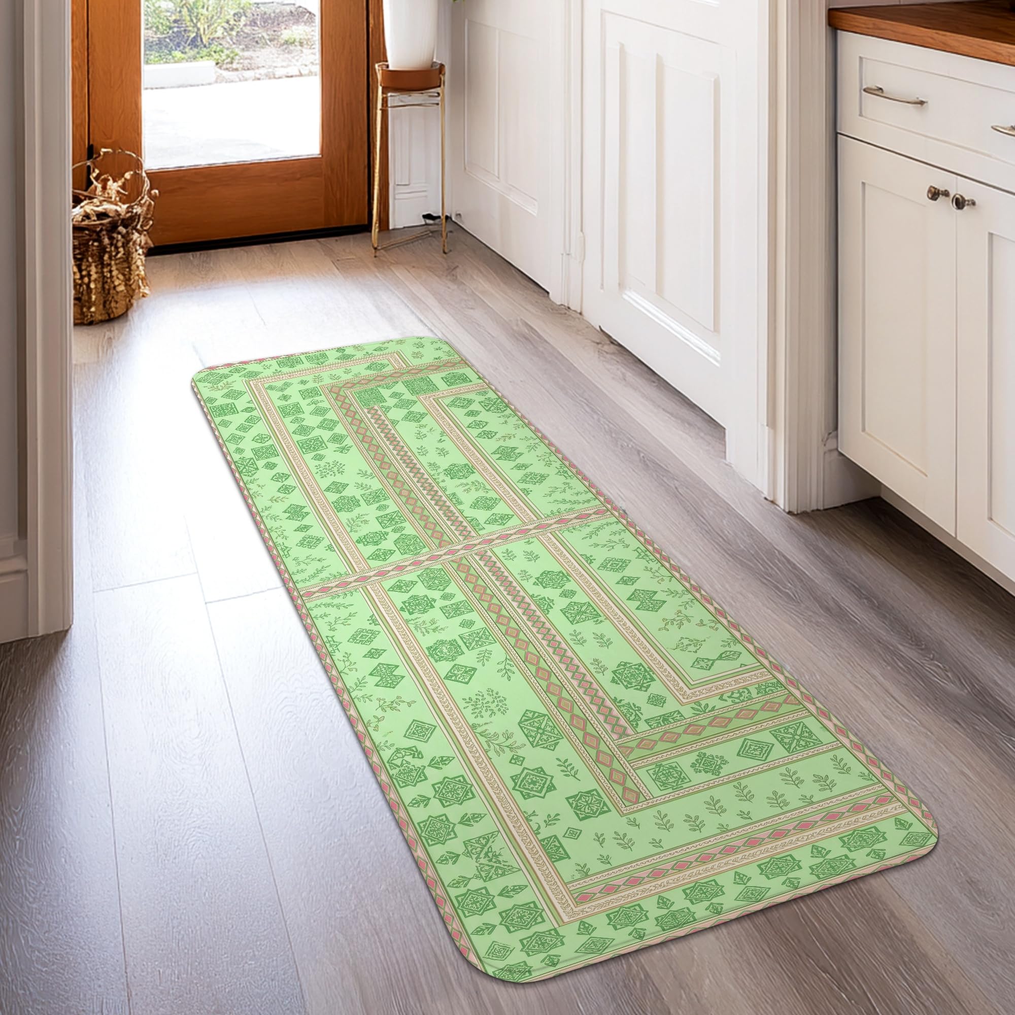 Tapis de couloir vert printemps rectangulaire géométrique à poils courts