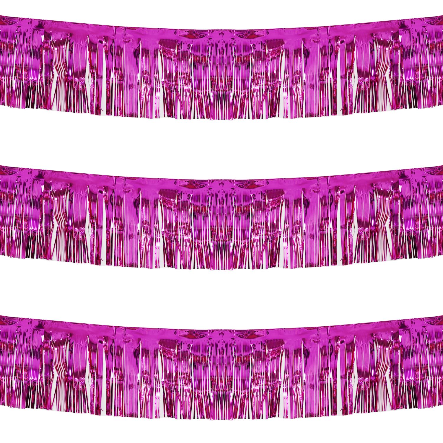 Blukey Thick 10 feet by 15 inches Fuchsia Foil Fringe Garland - Pack of 3 | Shiny Metallic Tassle Banner for Car Parade Floats, Wedding, Birthday | Wall Hanging Fringe Garland Banner (Fuchsia)