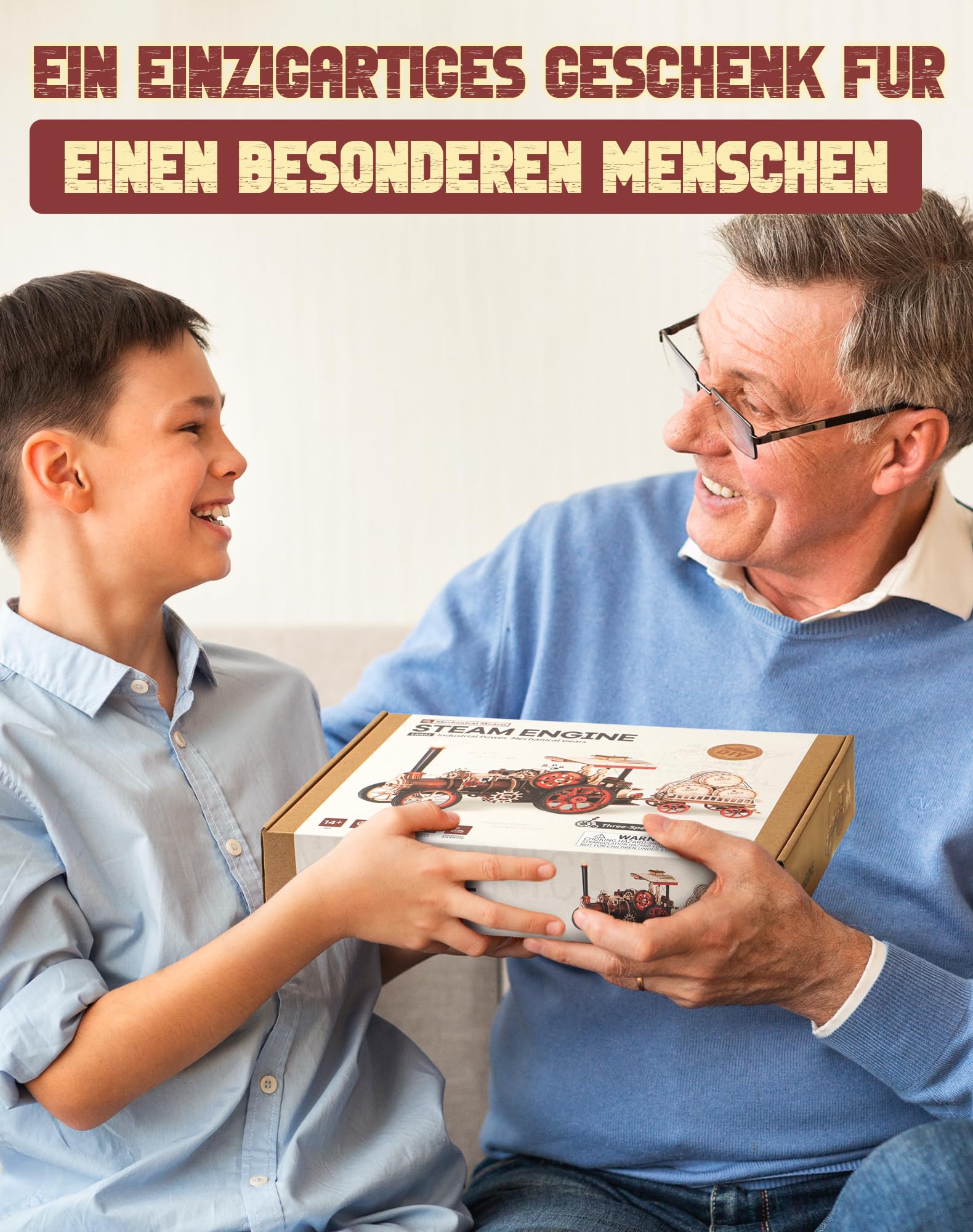 ROBOTIME Dampfmaschine Holzmodell mit 3-Gang-Antrieb & LED, LKA01 | 469 Teile, Vorwärts/Rückwärtsfahrt, Keine Schienen nötig, Abnehmbarer 4-Rad-Anhänger