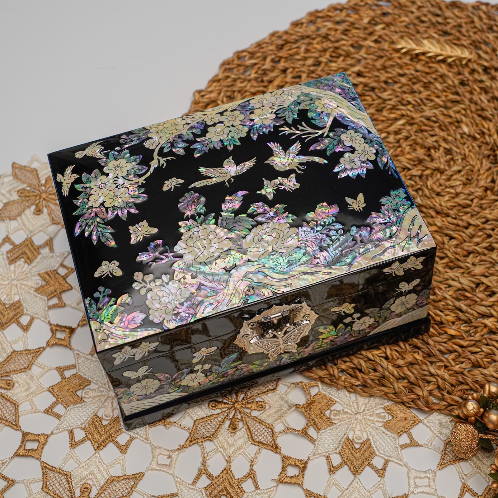 February Mountain Mother of Pearl - Scatola decorativa per gioielli a due livelli, fatta a mano, arte coreana, regalo per le donne