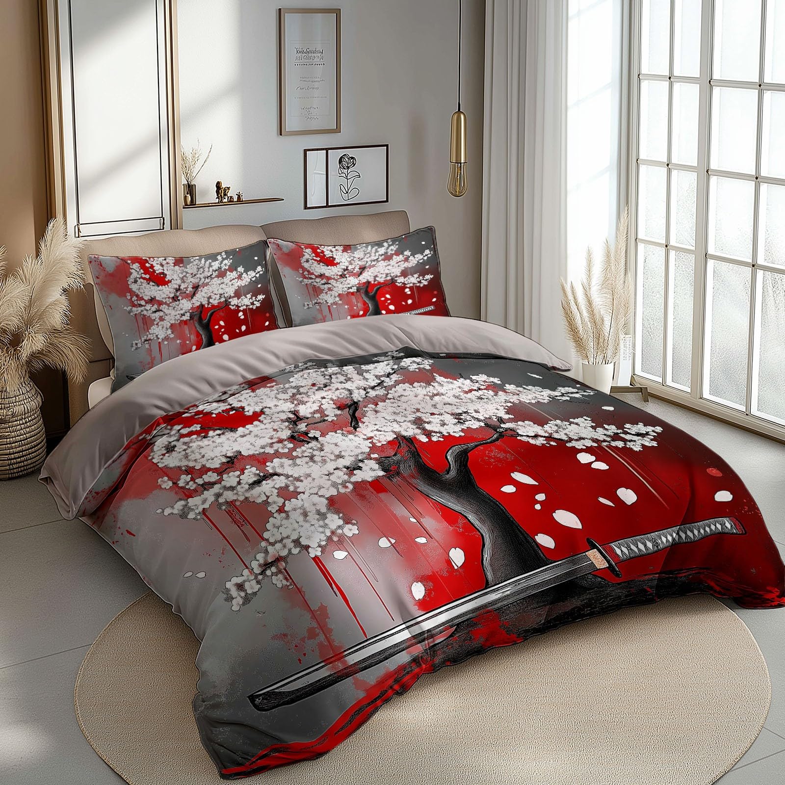 Juego de Fundas Nórdicas Suave 3 Piezas para Cama 105 - Cerezo japonés Patrón Funda Edredón Poliéster Algodón 200 x 200 cm + 2 Funda de Almohada 50x75, Patrón Moderna de Estampado, Gris pardo