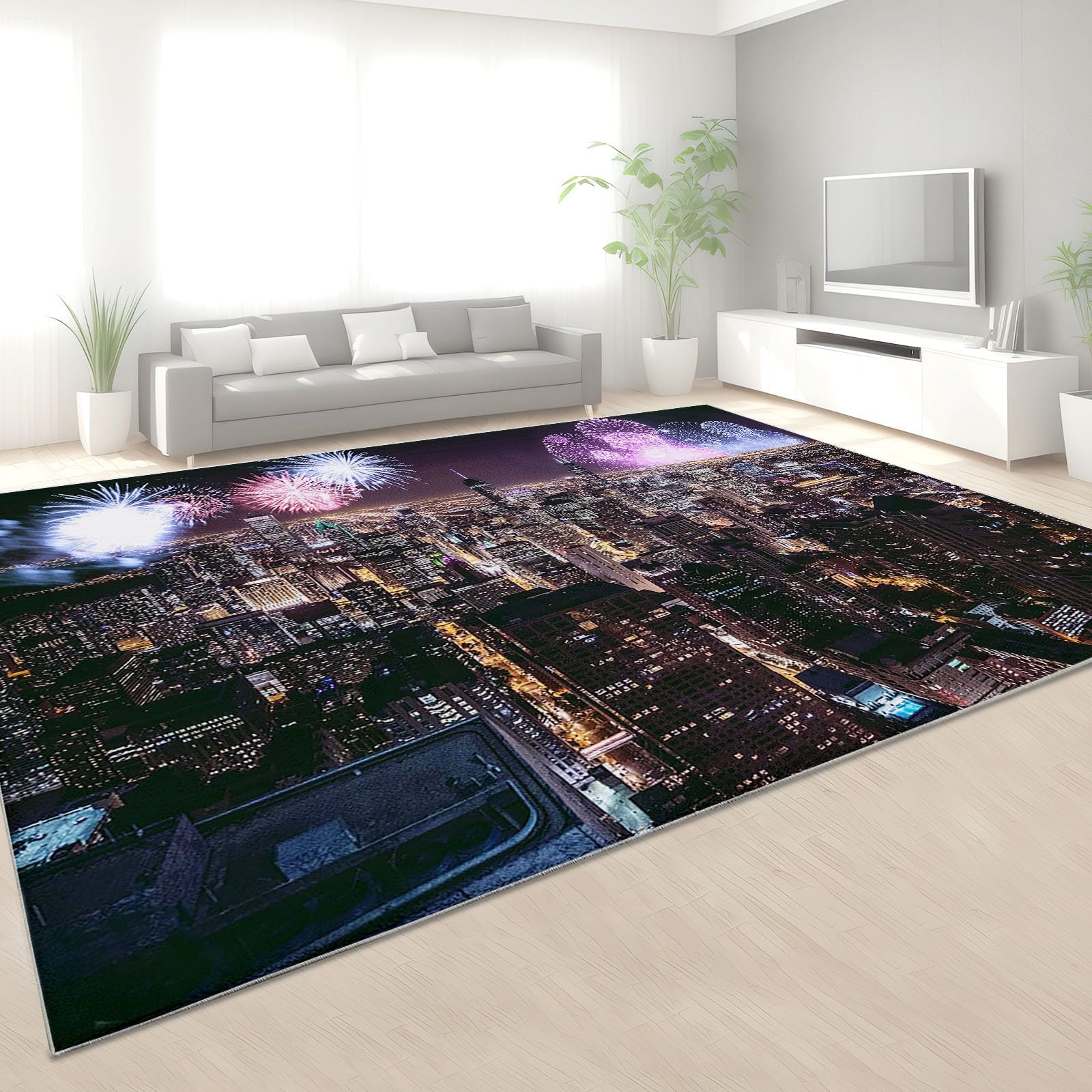 Dywan do sypialni, 80 x 150 cm, nocne fajerwerki w Nowym Jorku, nadruk dekoracyjny, miękki dywan z krótkim włosiem, antypoślizgowy, nadaje się do prania, do korytarza, jadalni, kuchni i pokoju