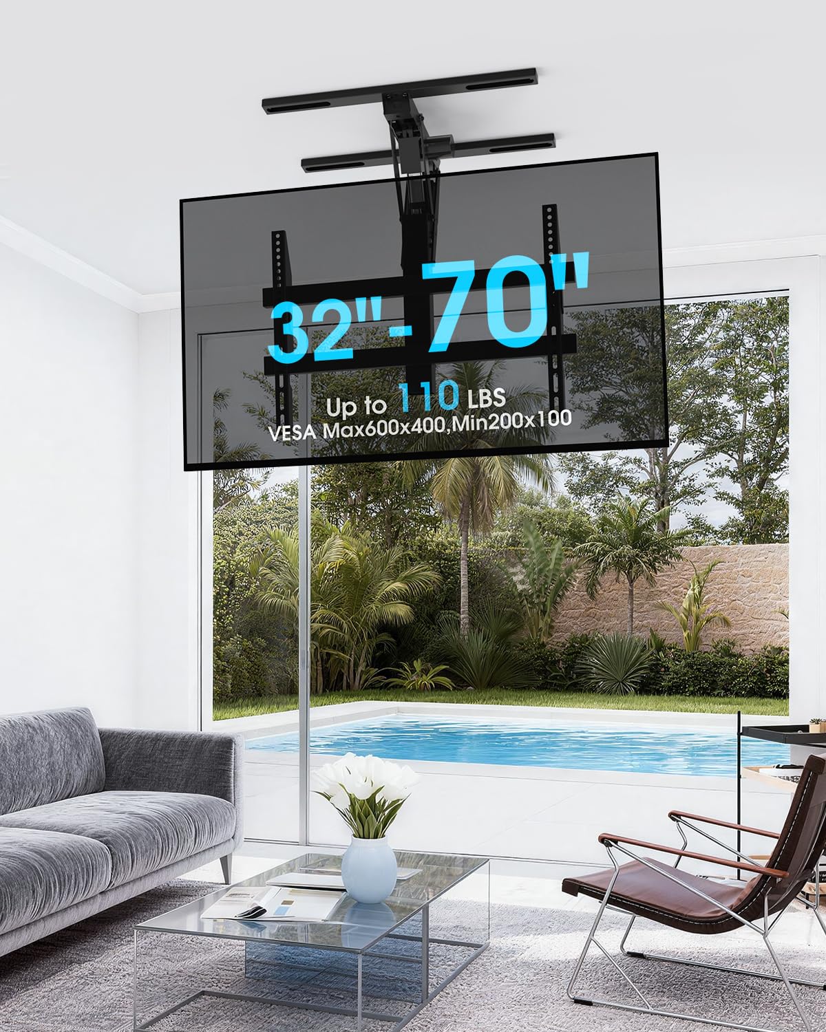 Soporte de techo eléctrico con mando a distancia para televisores planos y curvos de 32 a 70 pulgadas, para techos planos e inclinados, VESA máx. 600 x 400 mm, color negro