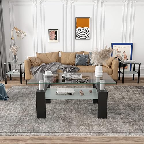 Juego de 3 mesas auxiliares y mesa auxiliar de cristal, diseño clásico de 2 niveles, parte superior de vidrio templado y patas de metal sólido, uso