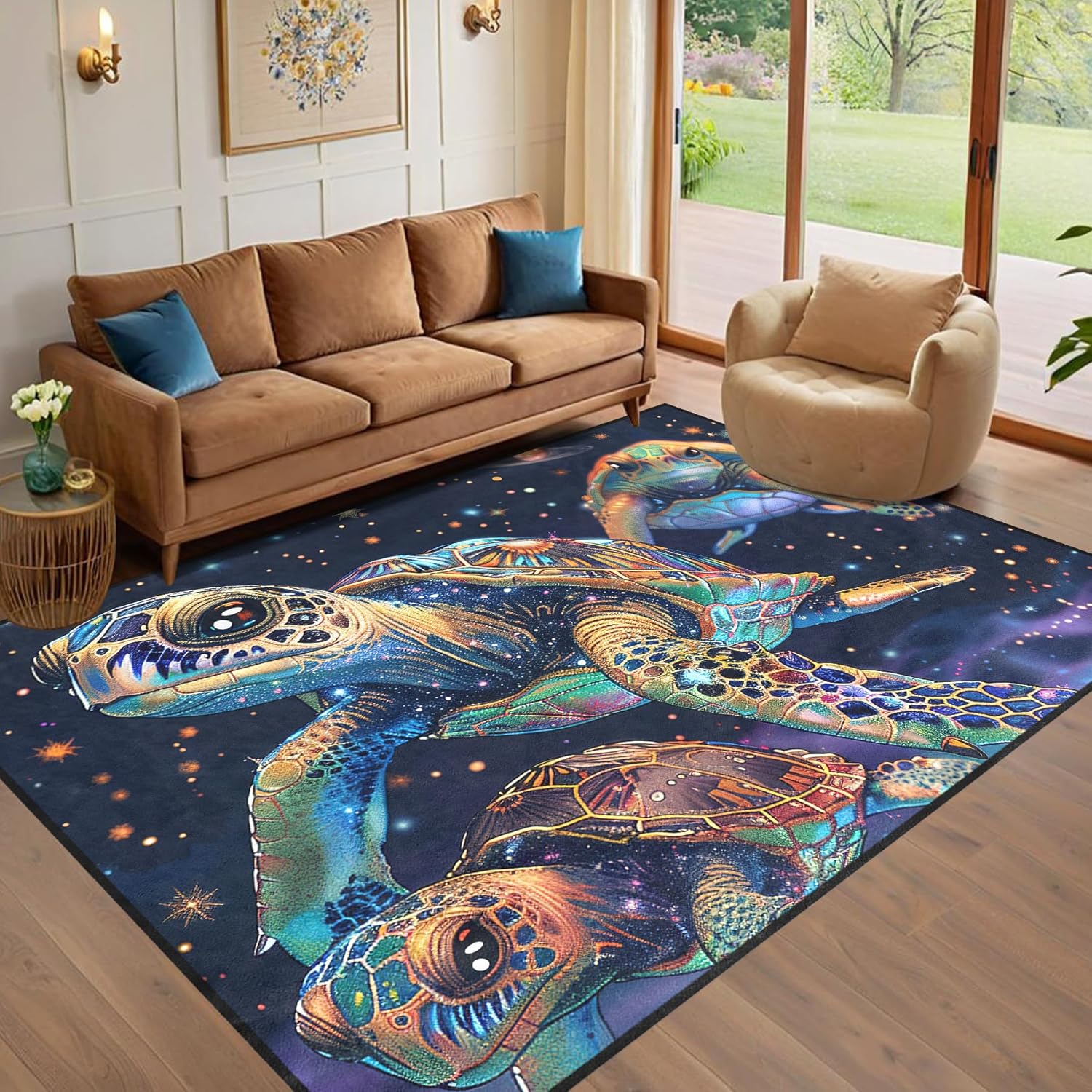Sea Turtle Rug - Sea Turtle Carpet for Kids, Galaxy Space Rug for Bedroom Ocean Theme Kids Room Decor Children Play Room Floor Mat 4x5 Feet