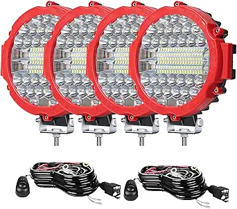 7 INCH Round LED Light Bar MUVKQC 201W Off-Road Driving Lights 21000lm LED Work Lights Pod with Wiring Harness for Pickup SUV ATV UTV Trucks Tractor (4PCS 201W Red+2 Set 2-Lead Wiring Harness)