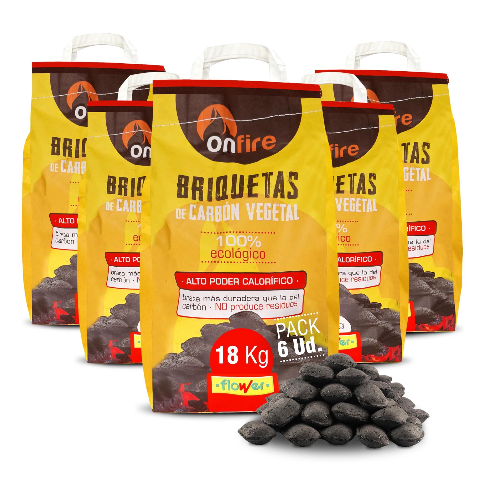 FLOWER Bricchette Carbonio Vegetale Barbecue 100% Naturale 18 KG | Bruci in 20 minuti | Alto potere calorico | Carbone Barbecue, Griglia e Camino senza additivi chimici e minerali