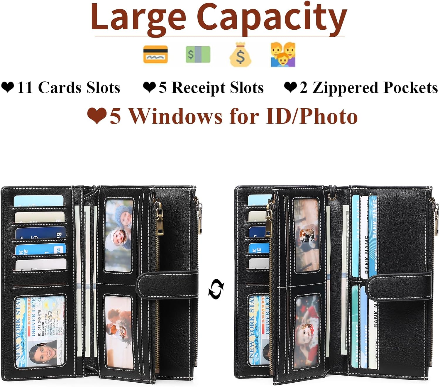 GOIACII Womens Wallets Large Capacity Credit Card Holder Rfid Wallet Women Double Zipper Pocket Leather Bifold Ladies Wristlet Clutch Wallet - Image 2