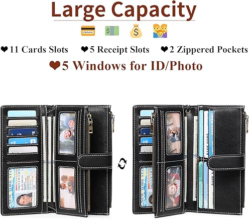 Miniatura 2 de GOIACII Billeteras para mujer de gran capacidad para tarjetas de crédito, cartera RFID para mujer, doble bolsillo con cremallera, de cuero