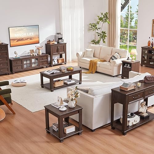 Miniatura 9 de Mesa auxiliar de granja, mesa auxiliar grande con estante de almacenamiento de 2 niveles, mesas auxiliares rústicas marrones para sala de estar,