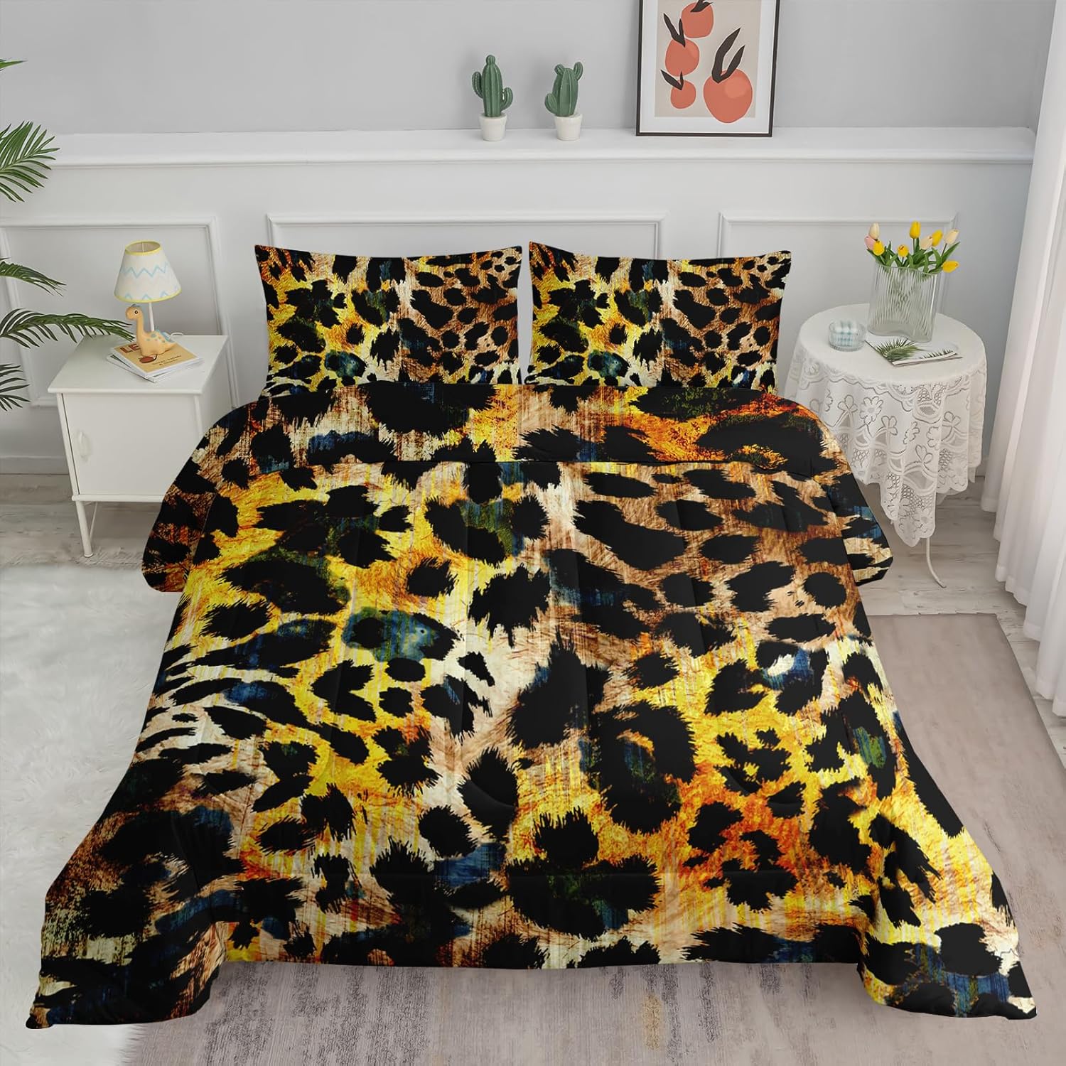 Axolotl Gold Leopard Comforter Set Full Size,Abstract Animal Cheetah Bedding Brown Gold Floral Bedding Set for Women Adults Geometric Duvet Set Wildlife Leopard Bedroom Decor,1 Quilt 2 Pillowcase