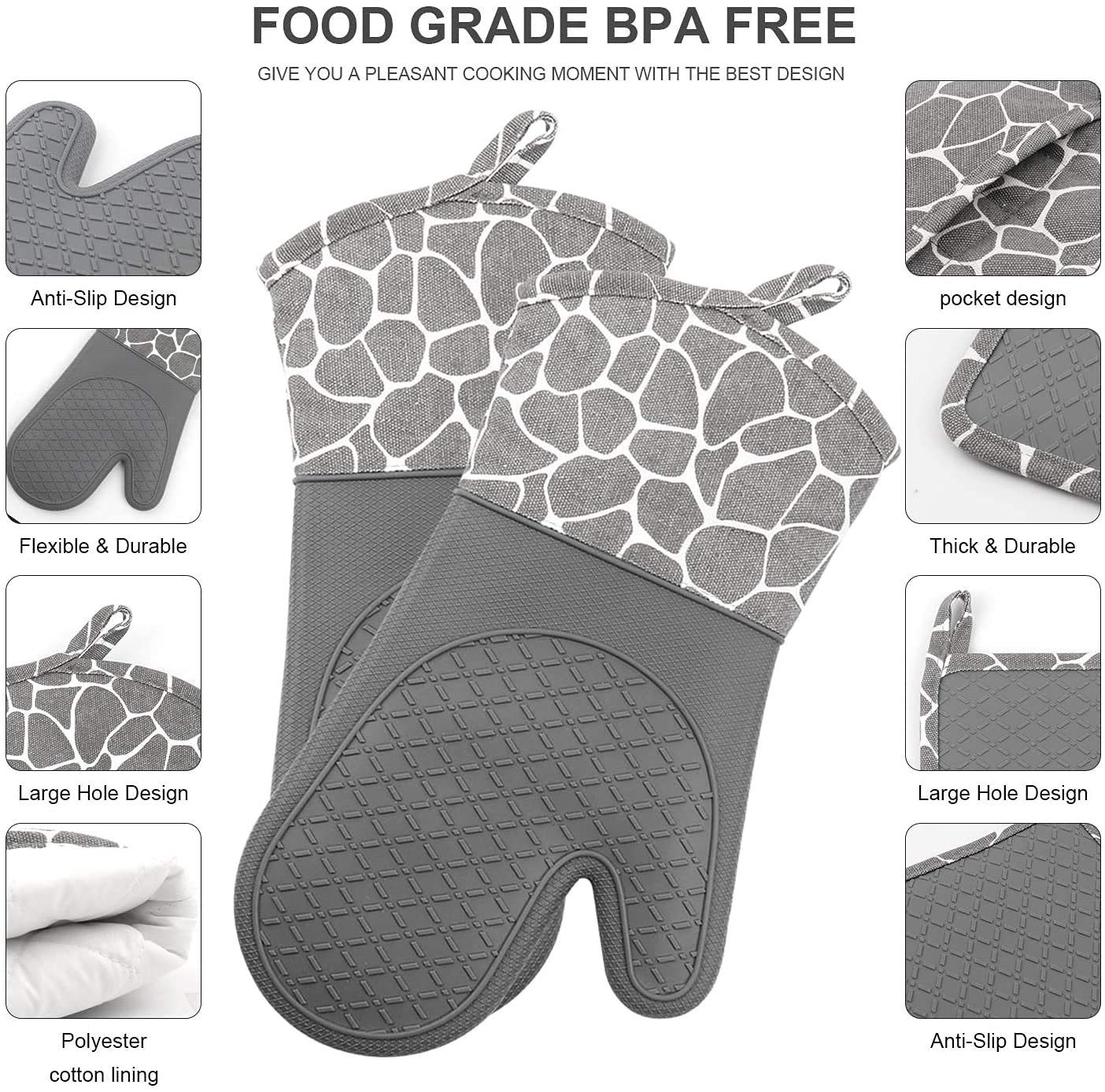 Ofenhandschuh, Topfhandschuhe Anti-Rutsch Hitzebeständige Silikon und Baumwolle 1 Paar und 2 Topflappen (Gray)