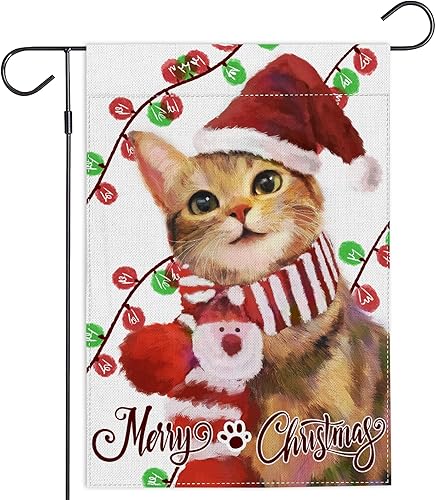 Bandera de jardín de gato de invierno de 12 x 18 pulgadas, pequeña bandera de arpillera de doble cara para decoración navideña de patio al aire